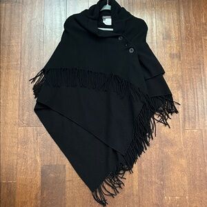 Repeat Wool & Cashmere Button-Shoulder Fringed Shawl Poncho in Black, Size Med